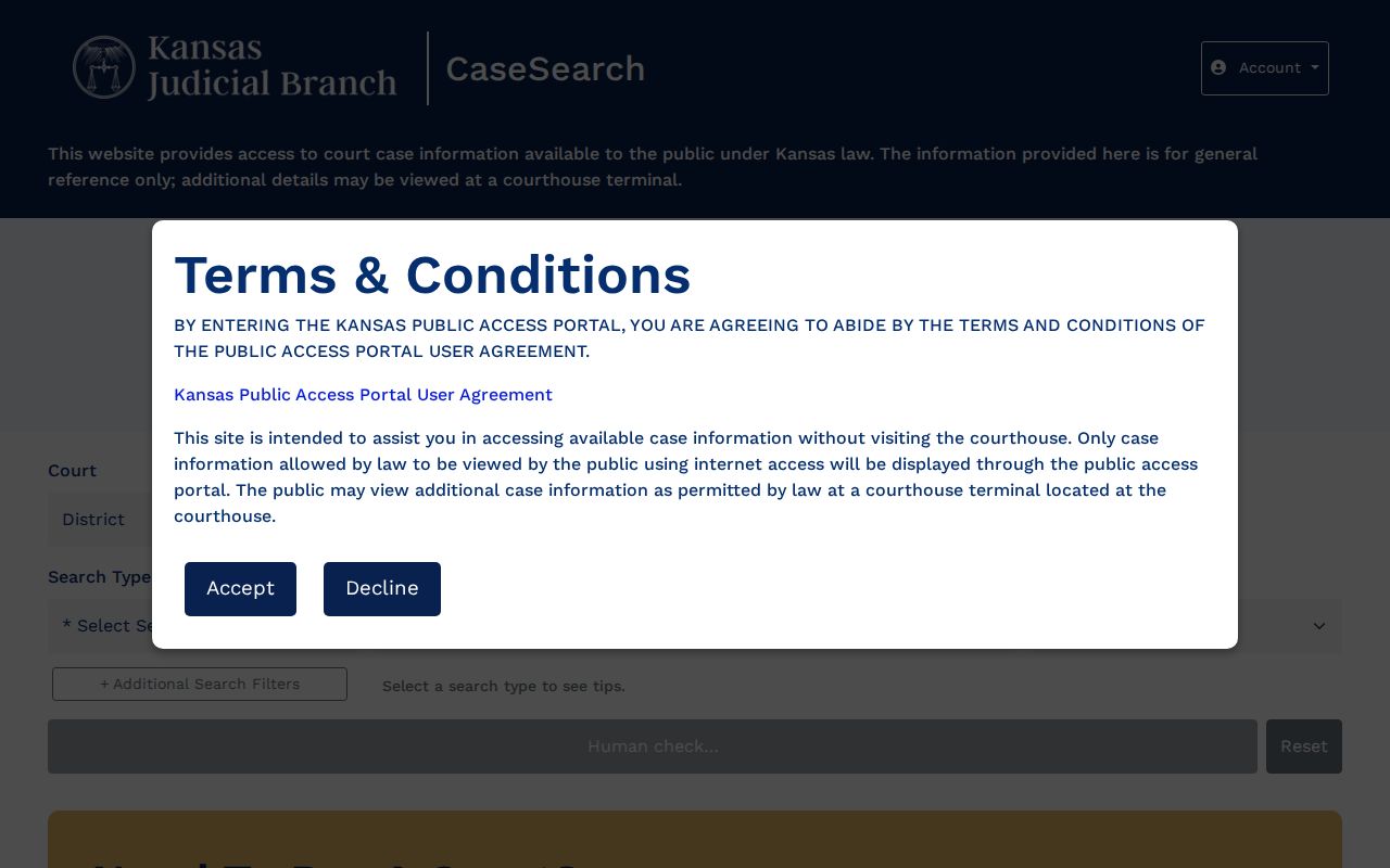 Kansas CaseSearch court, term, filter, and CAPTCHA controls
