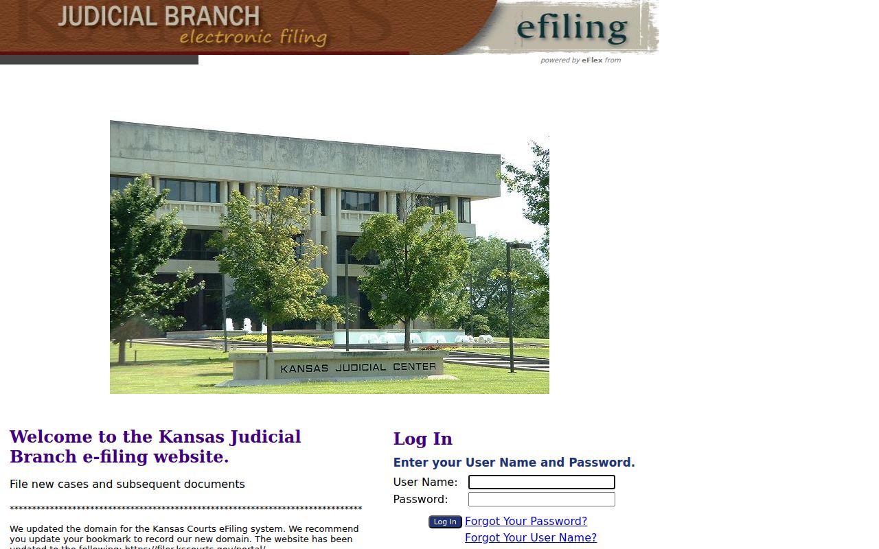 Kansas Courts eFiling login, registration, and support screen