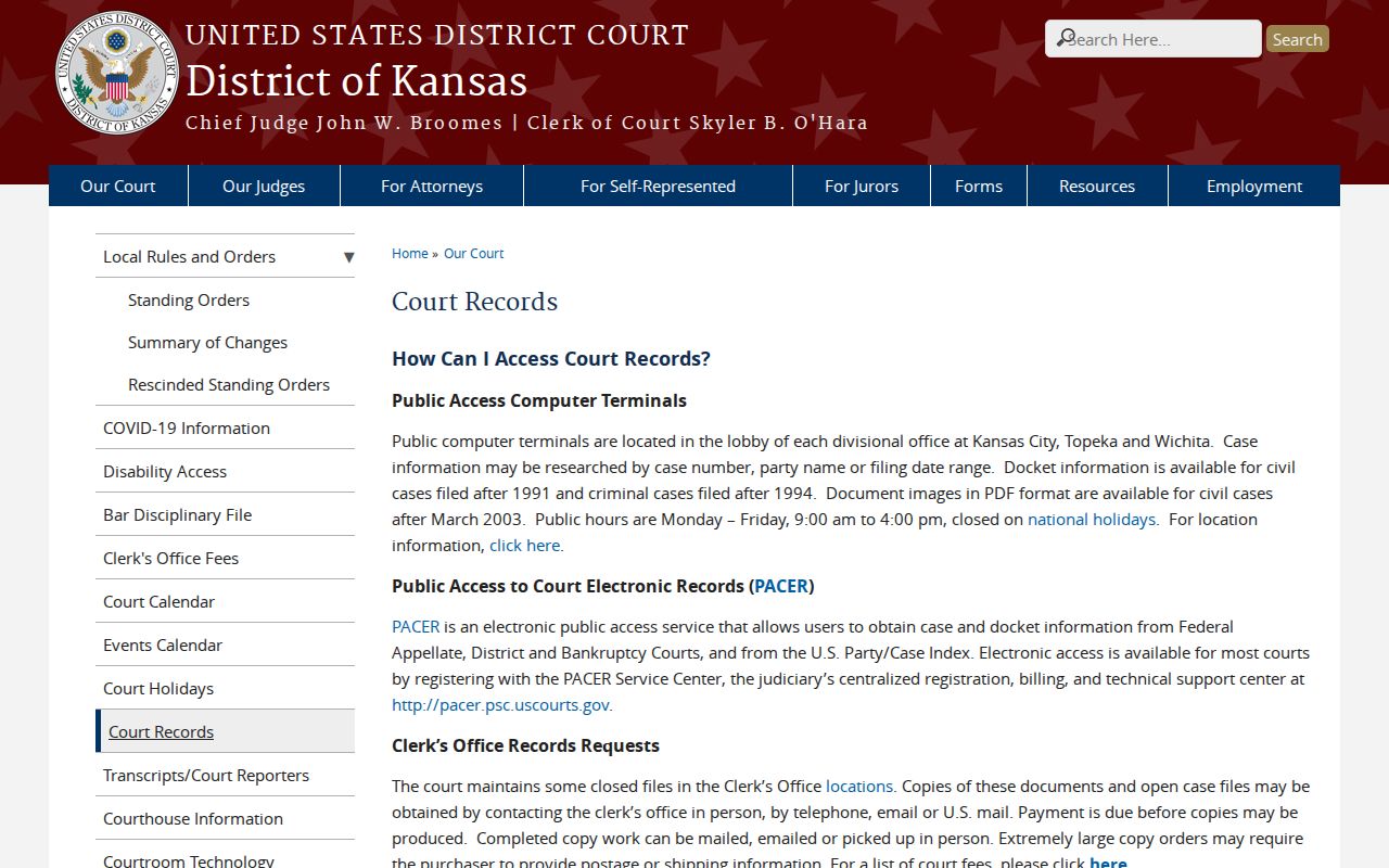 District of Kansas federal courthouse records access page