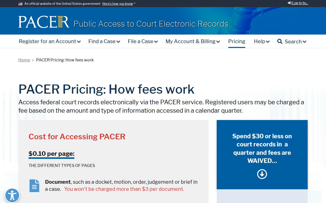 PACER page charges and quarterly threshold information