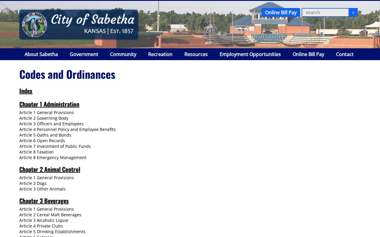 Sabetha court docket source showing municipal court and traffic code chapters