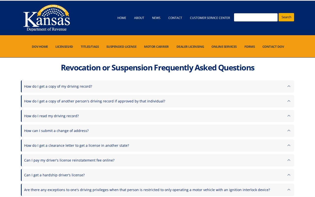 Kansas Department of Revenue driver record and suspension information