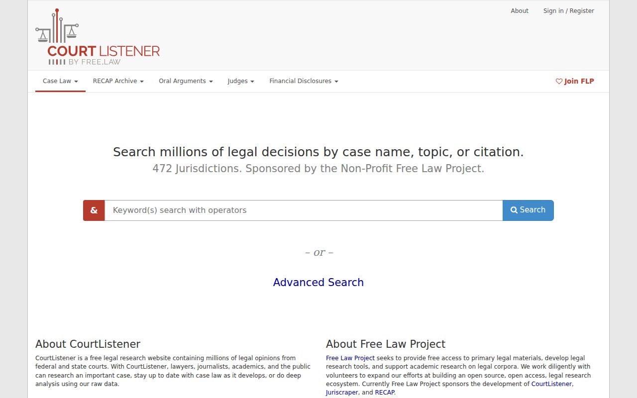 CourtListener free federal court record search page